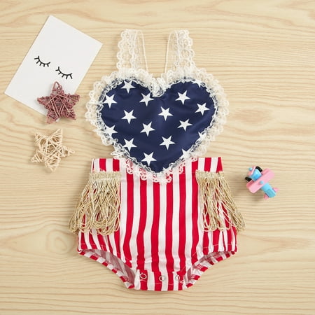 

aturustex 4th of July Baby Girls Romper Summer Infant Star Stripe Printing Heart Lace Splicing Sleeveless Suspender Jumpsuit Independence Day