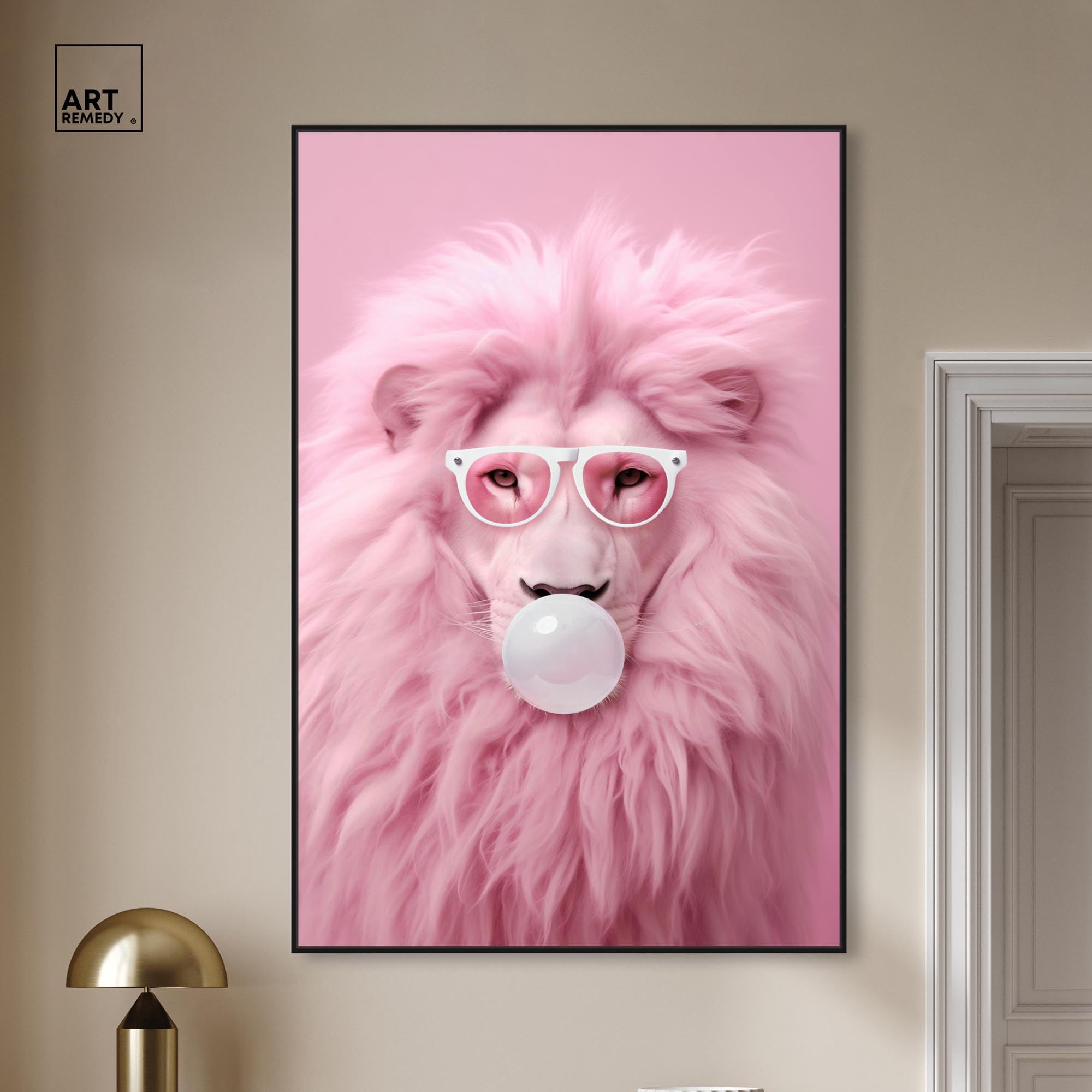 Majestic Bubblegum Lion Canvas Fashion Prints by Art Remedy, Black Frame, 36" x 54"