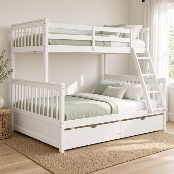 Twin-Over-Full Bunk Bed with Ladder & 2 Storage Drawers, Solid Wood Convertible Bunk Bed, No Box Spring Needed, White