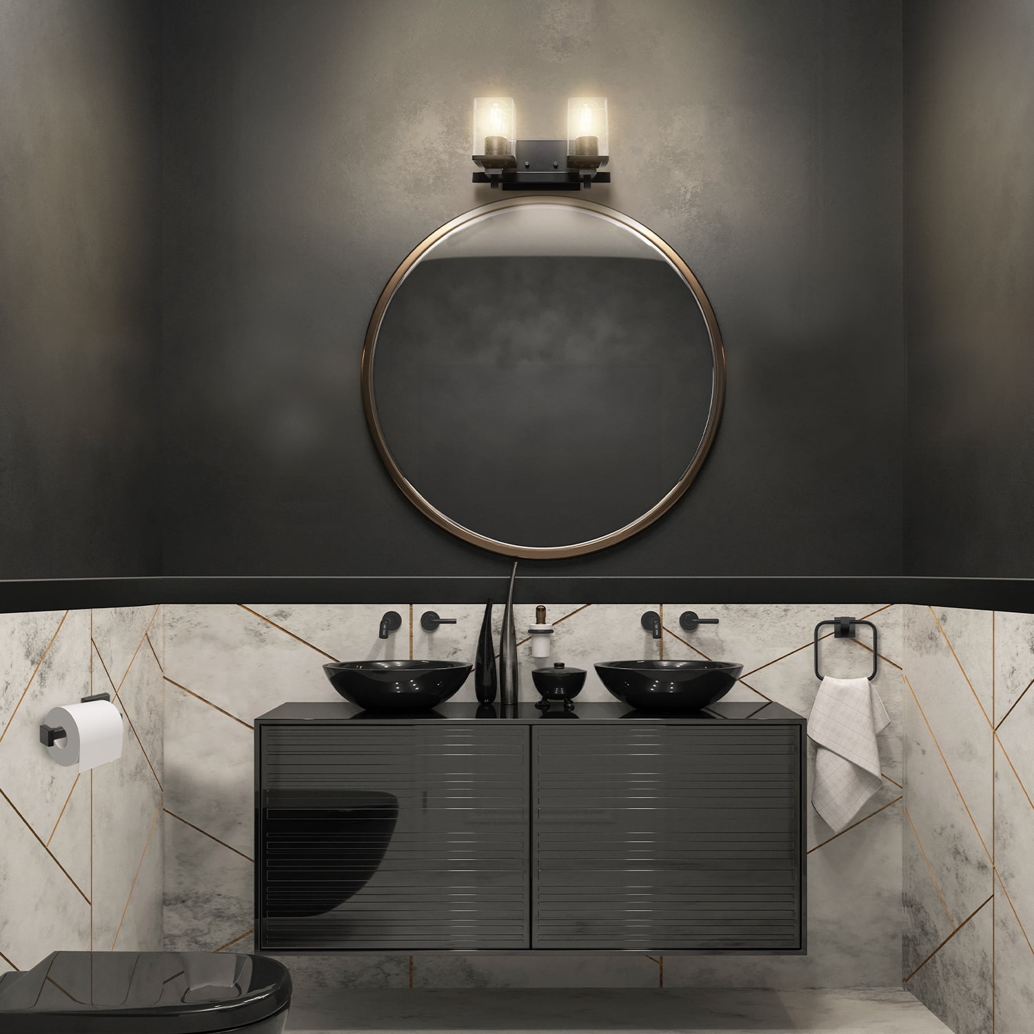 Globe Electric Upscale Industrial 3-Piece Matte Black Bathroom Accessory Set with 13" 2-Light LED Vanity Light