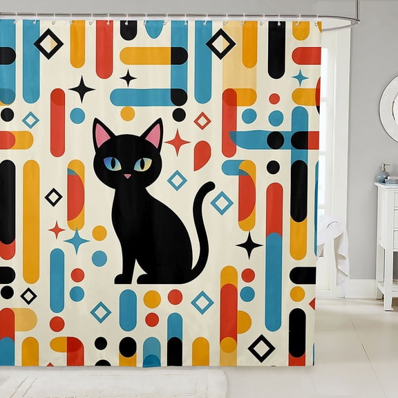Manfei Mid Century Black Cat Shower Curtain 72Wx72L, Boho Rectangle Bathroom Curtain, Cream Red Blue