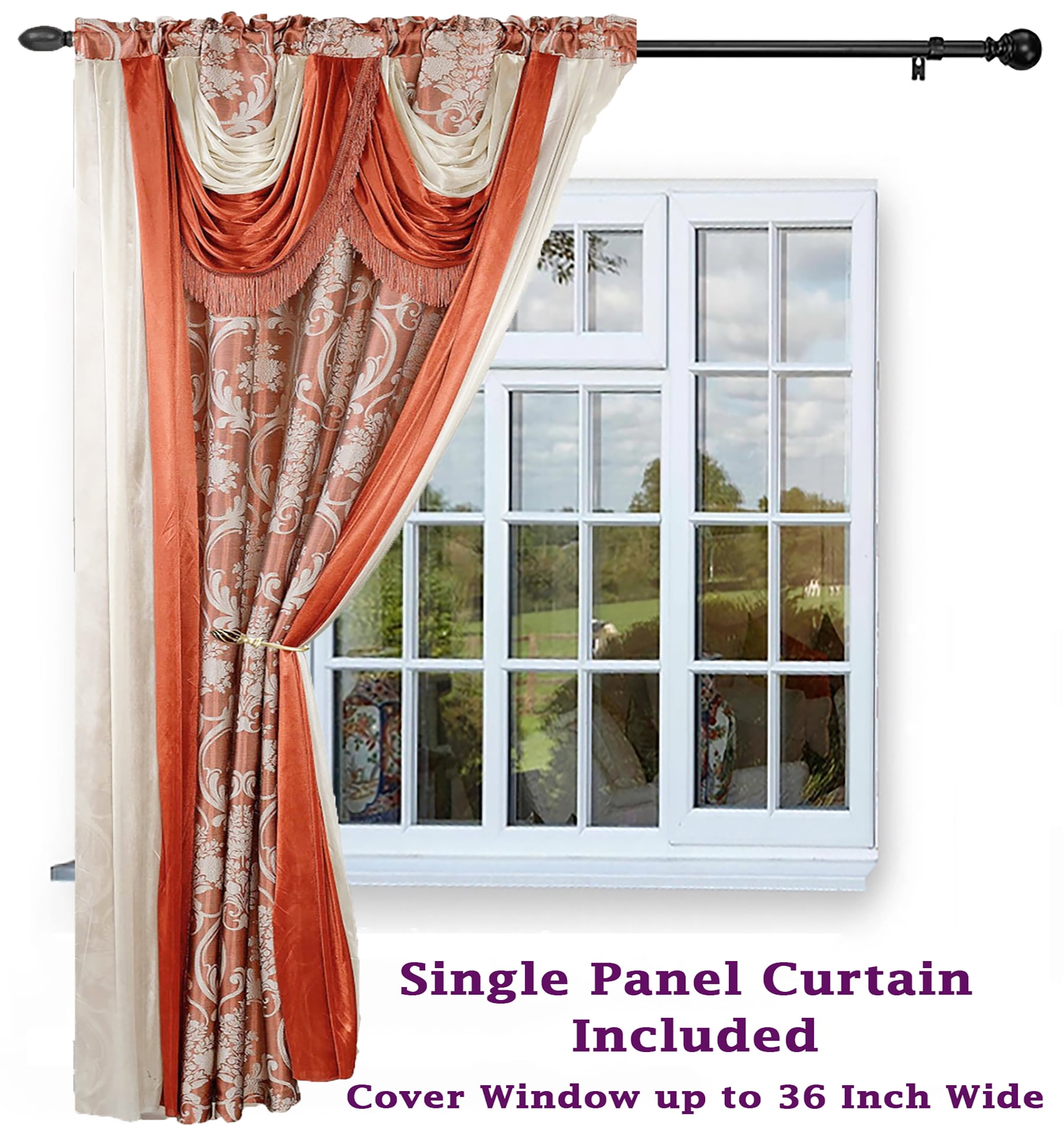 Bella Luxury Jacquard Curtain Panel with Attached Waterfall Valance & Scarf 54 by 84-Inch Brick