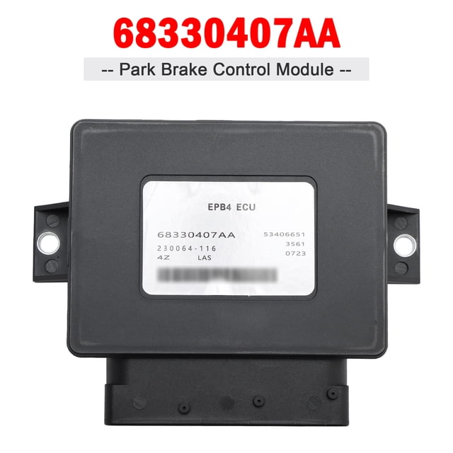 módulo de control de freno de estacionamiento 68330407aa para jeep cherokee 2014-2018 — módulo electrónico rectangular negro con etiqueta blanca EPB4 ECU y código 68330407AA, soportes laterales de montaje y conector múltiple en la base; reemplazo directo para Cherokee 2014–2018, a menudo usado por técnicos para pruebas de diagnóstico en banco de trabajo.