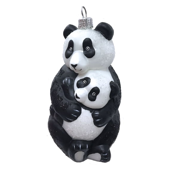 Panda Bear Hugging Baby Cub Polish Glass Christmas Tree Ornament Animal Wildlife
