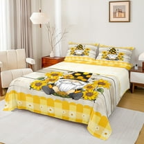 Homewish Teens Cute Gnome Full Size Sheets, Groovy Sunflower Floral Bed Sheets, Rustic Farmhouse Sheet Sets, Ultra Soft Bedroom Decor, 4 Pieces