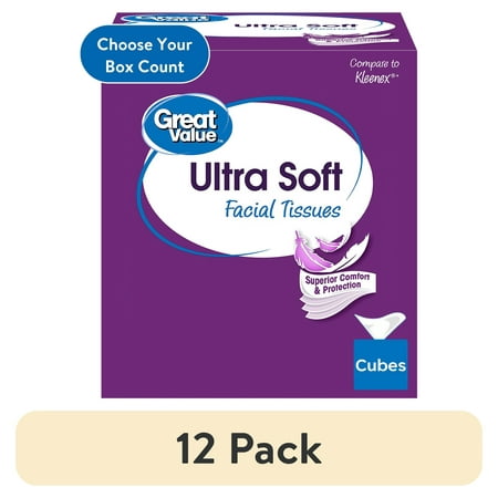 (12 pack) Great Value Ultra Soft Facial Tissues, 1 Cube Carton, 75 Tissues per Cube, 3-Ply