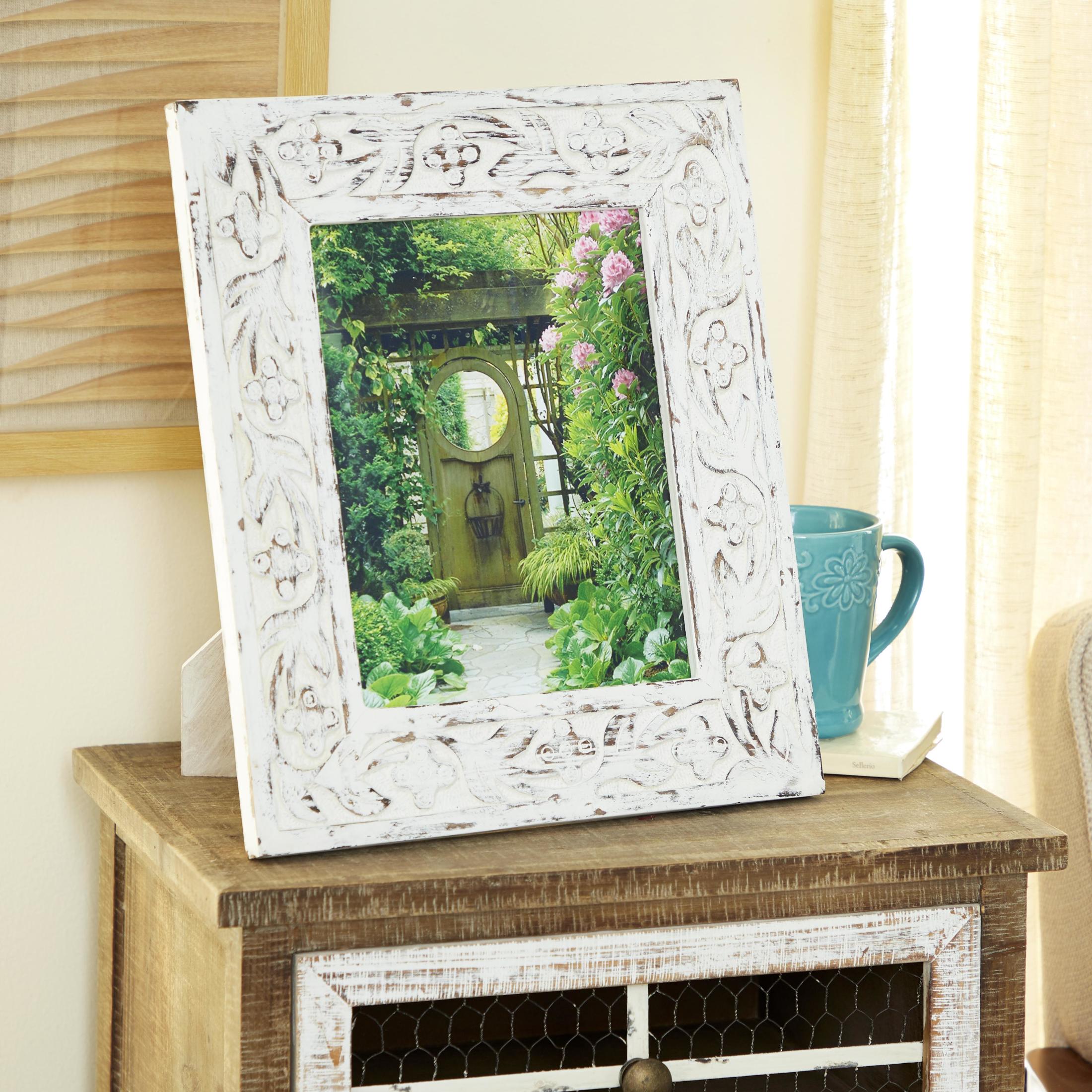 DecMode 8" x 10" Handmade Intricate Carved White Floral Photo Frame