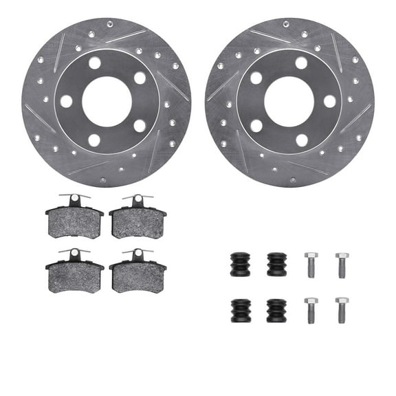 Dynamic Friction Company Rear Brake Rotors-Drilled and Slotted-Silver with 5000 Advanced Brake Pads includes Hardware 7512-74023