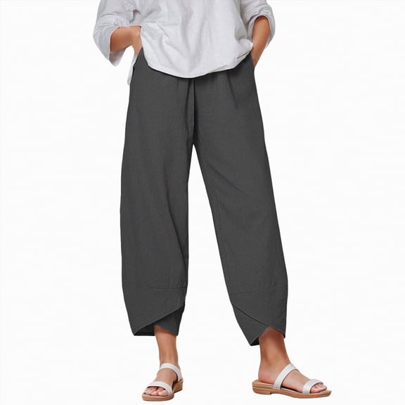 KPOPLK Wide Leg Linen Pants for Women Plus High Waist High Rise Elastic Waist Casual Slim Fit Linen Long Pant Slim High Solid Color Sports Cotton And Pants for Everyday Wear Running Work Size L,Grey
