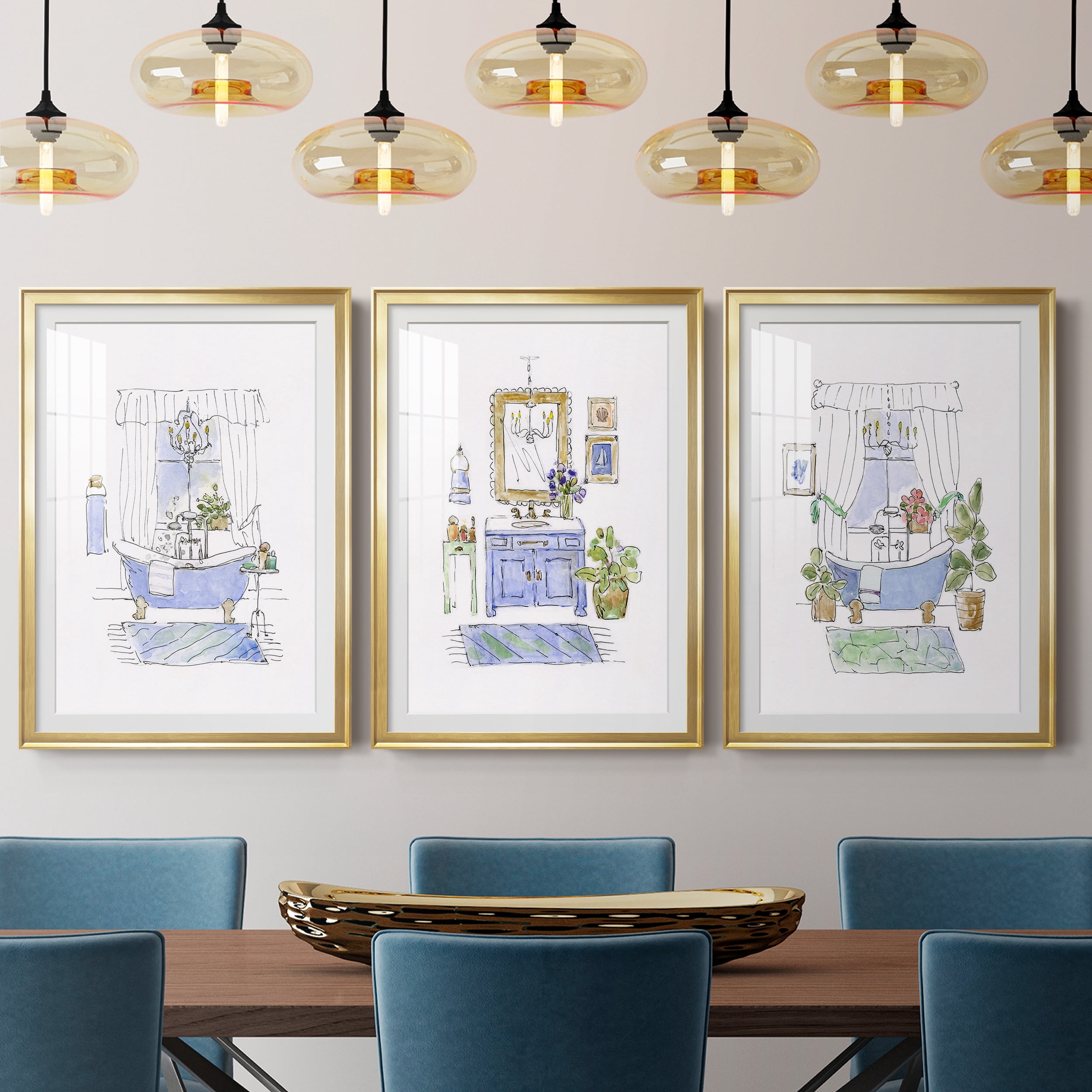 Sketchy Bath I Premium Framed Prints Set of 3 - Ready to Hang - 26.5 x 36.5 Each - Gold Frame