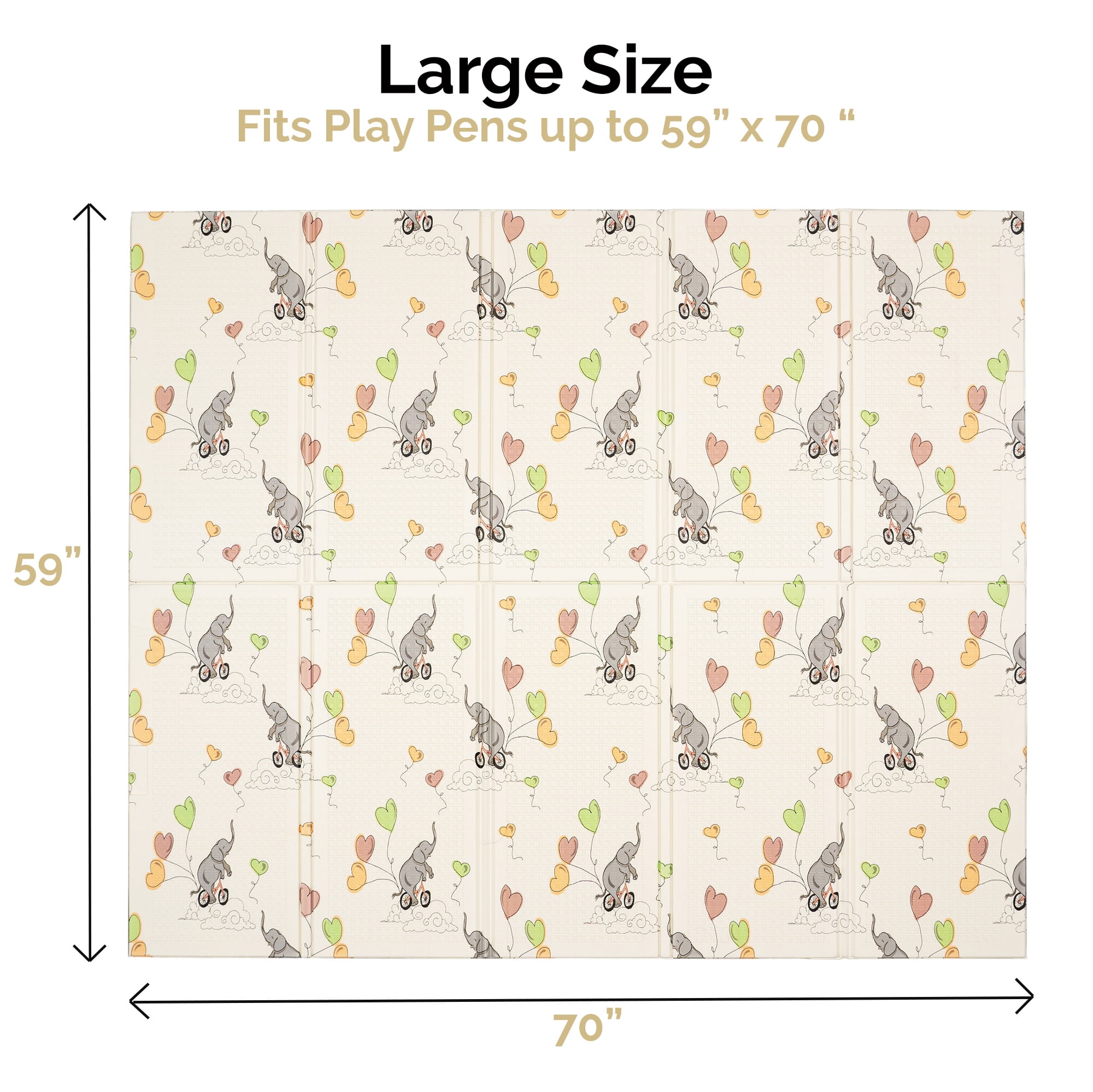 JumpOff Jo Large Foldable Kids Foam Play Mat, Padded Baby Floor Mat, 70 x 59 in - Elephant Rainbow