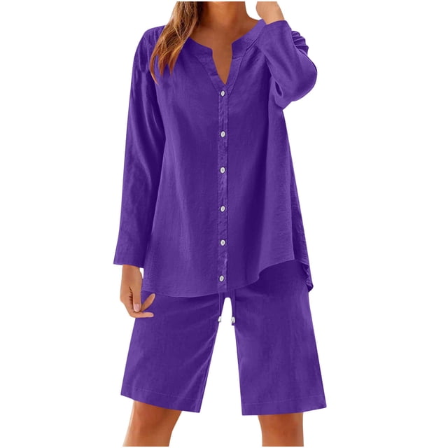 UAMVSH Women Button down Two Piece Sets Plus Size Cotton Linen Long Sleeve Shirts and Drawstring Bermuda Shorts Beach Outfits(Large,Purple 1)