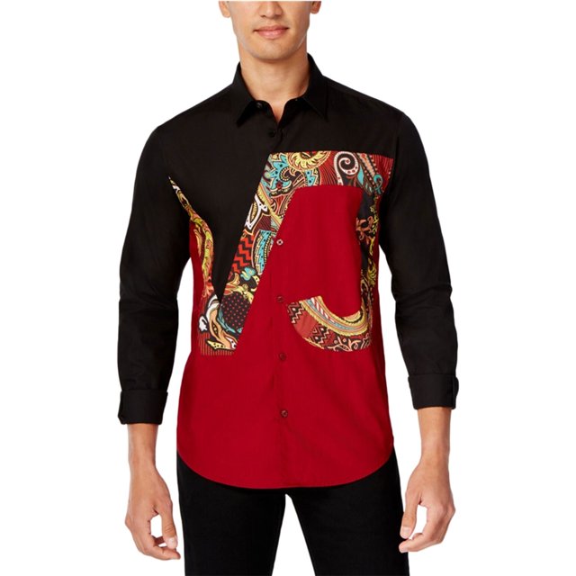 Camisa abotonada Versace gráfica con bloques de colores para hombre negro mediano