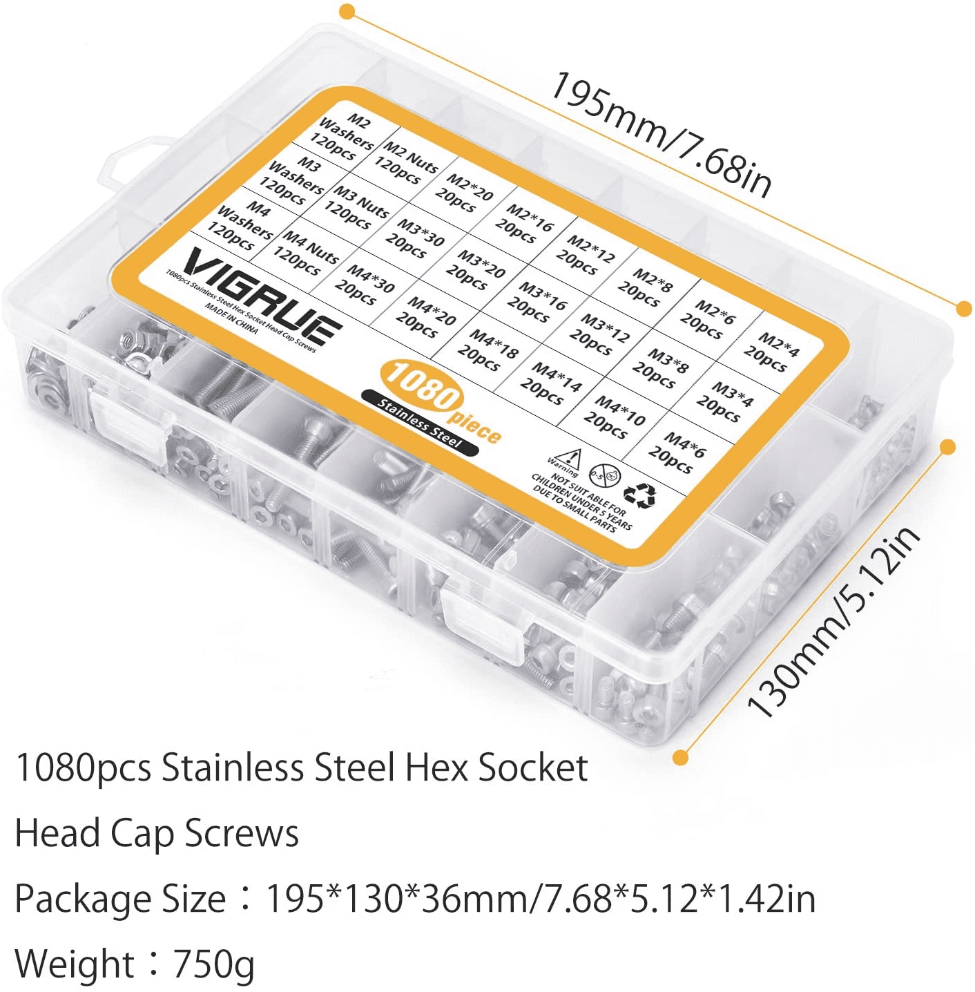 VIGRUE M2-M3-M4-1080PCS Stainless Steel Screws and Nuts, 1080 Pcs Hex Socket Head Cap, Silver