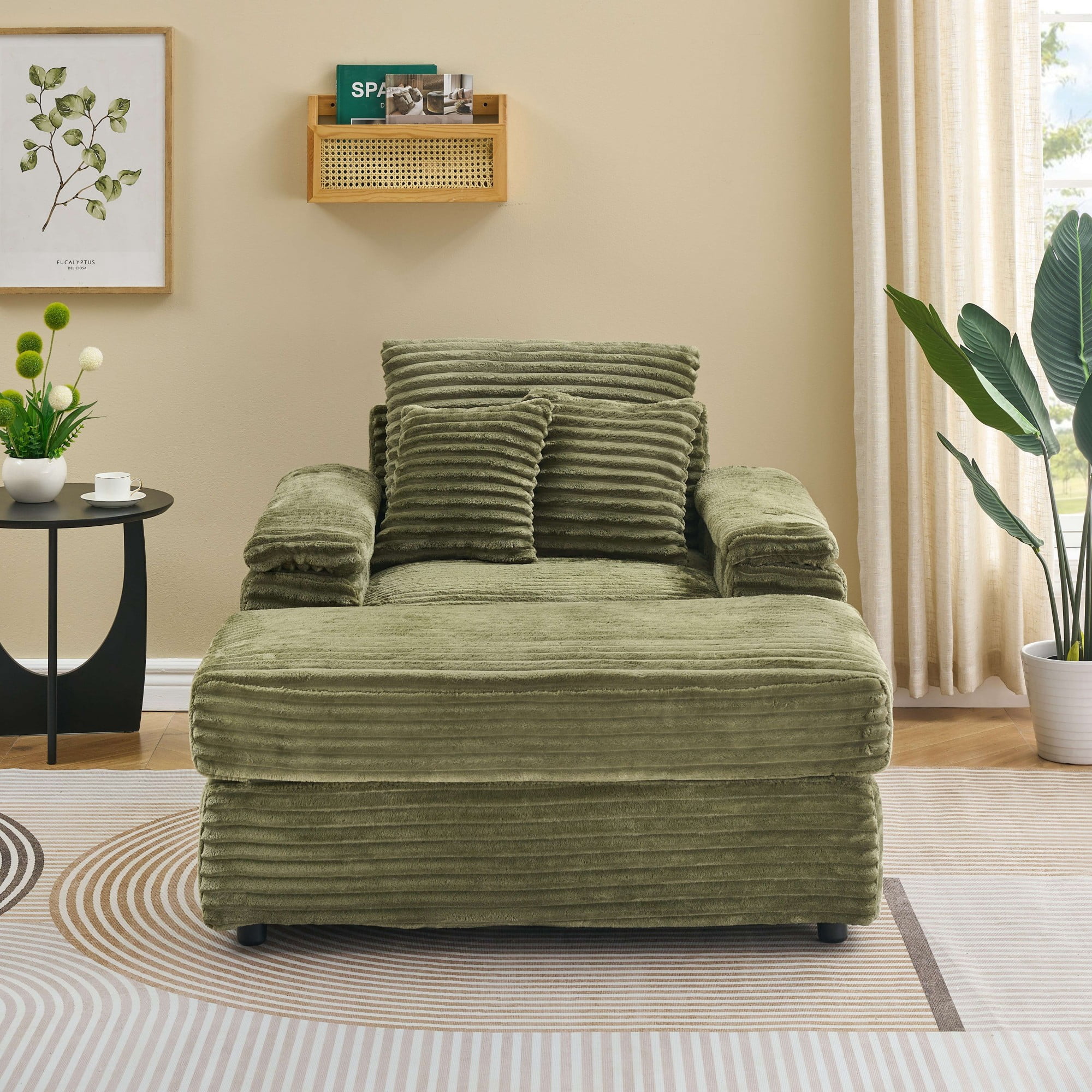 Chaise Lounge Chair Indoor,Upholstered Sofa Bed with Throw Pillows,Sleeper Chair for Living Room,Bedroom,Green