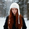 thumbnail image 2 of Winter Knitted Beanie with Double Braid Hats for Women Wool Ear Flaps Cold Weather Ski Daily Warm Cap Hat White One Size, 2 of 3