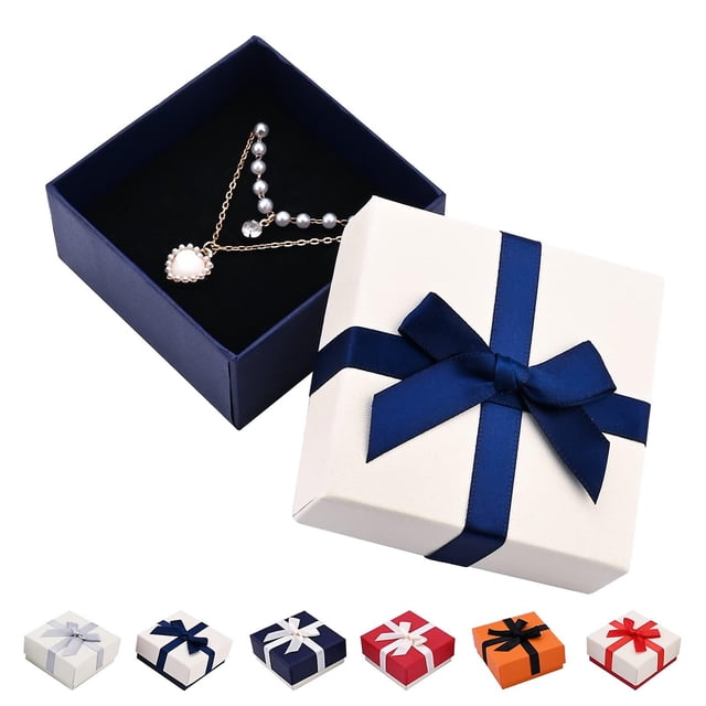 Paquete de 2 cajas de regalo para joyas con tapas, cajas de regalo de joyería de papel cuadradas con lazo, 7,5 x 7,5 x 3,5 cm, azul