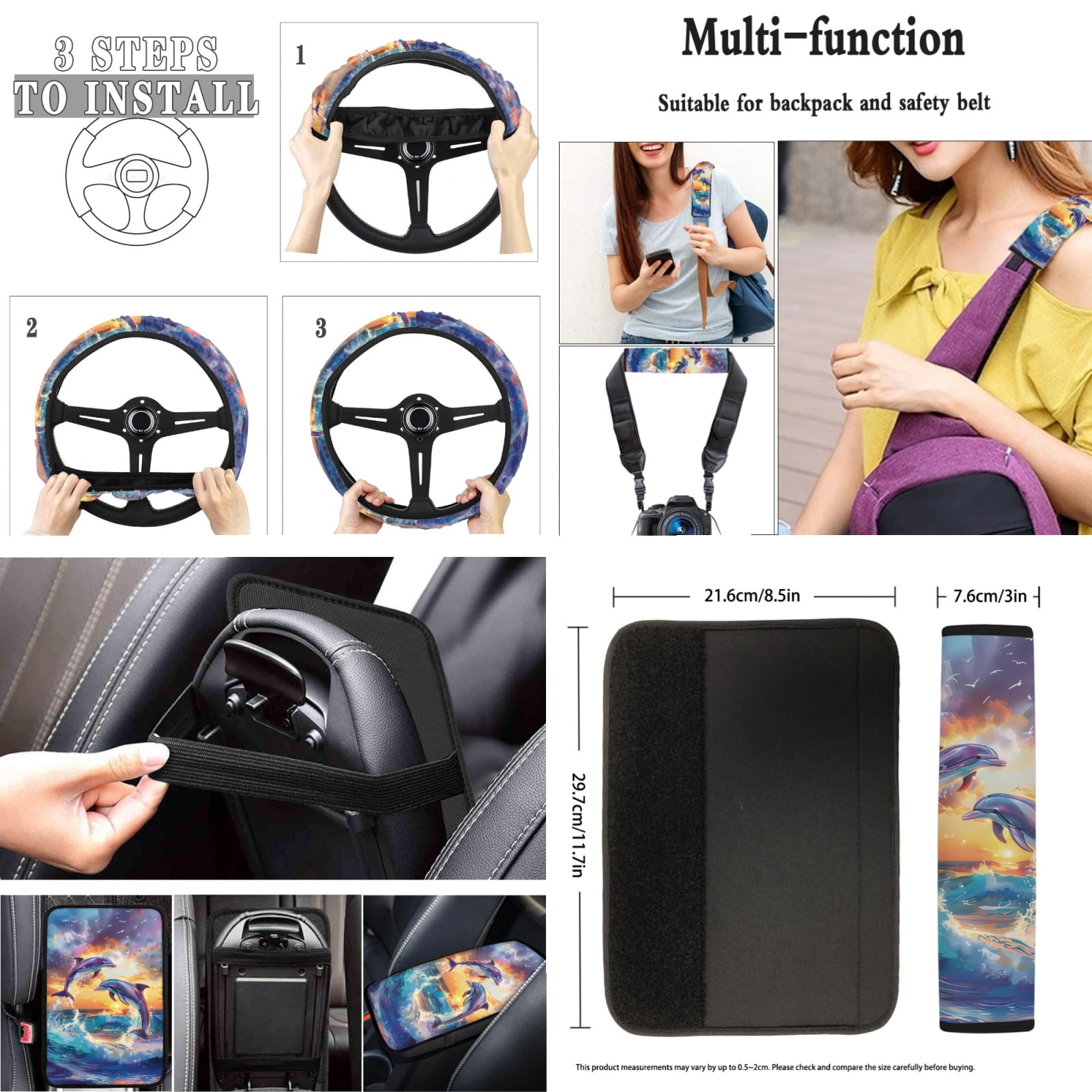 Jeiento Dolphin 17 Pcs Car Seat Cover Full Set with Car Floor Mats Steering Wheel Cover Keychains Seatbelt Pad Armrest Cover Cup Coasters Chapstick Holder Coasters Interior Automotive Accessory