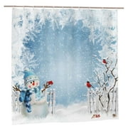 Christmas Greeting with Snowman and Bullfinches Snowy Snowflake Polyester Bathroom Shower Curtain