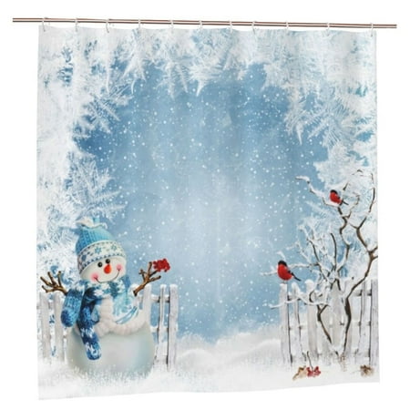 Christmas Greeting with Snowman and Bullfinches Snowy Snowflake Polyester Bathroom Shower Curtain