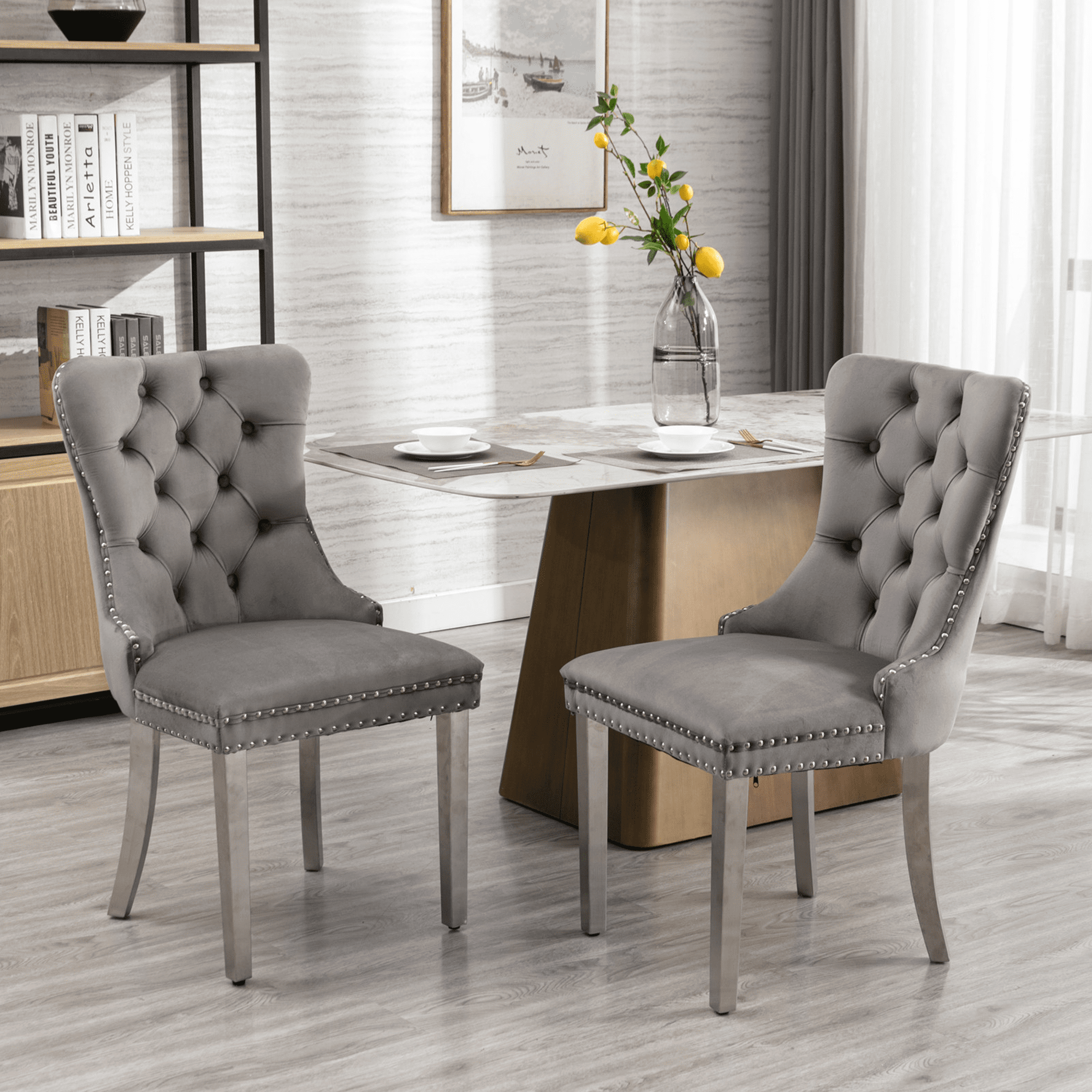 LegaHome Dining Chairs Set of 2, Modern Upholstered Velvet Dining Room Chairs with Nailhead Trim and Chrome Stainless Steel Plating Solid Wood Legs, Tufted Button Padded Chairs Set for Kitchen, Gray