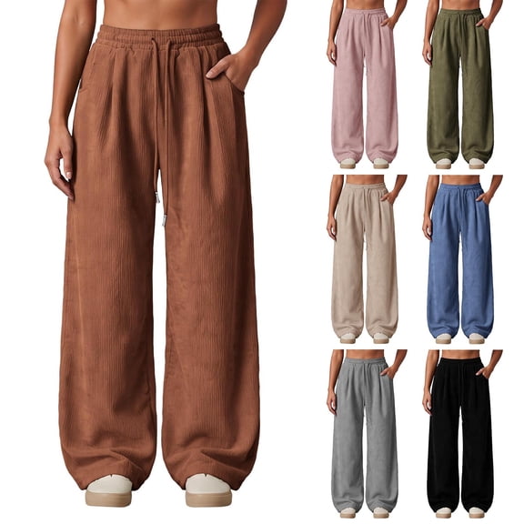 Mifsaly Women's Corduroy Casual Pants Wide Leg Baggy Sweatpants Fall Winter Drawstring Waist Workout Athletic Outfits with Pockets