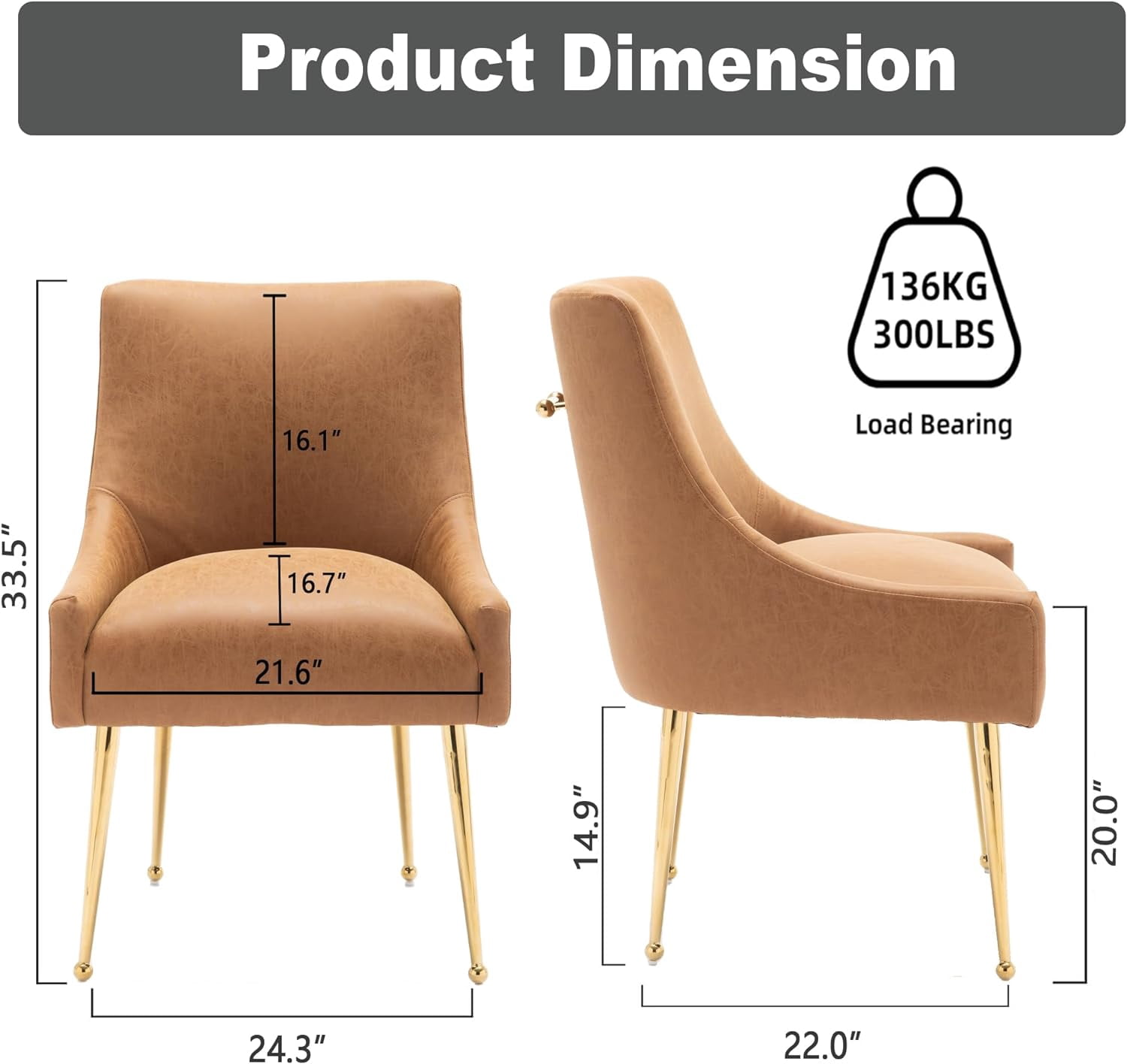 SEYNAR Modern Glam PU Leather Dining Chair or Vanity Chair Set of 2 with Rear Handle(Brown)