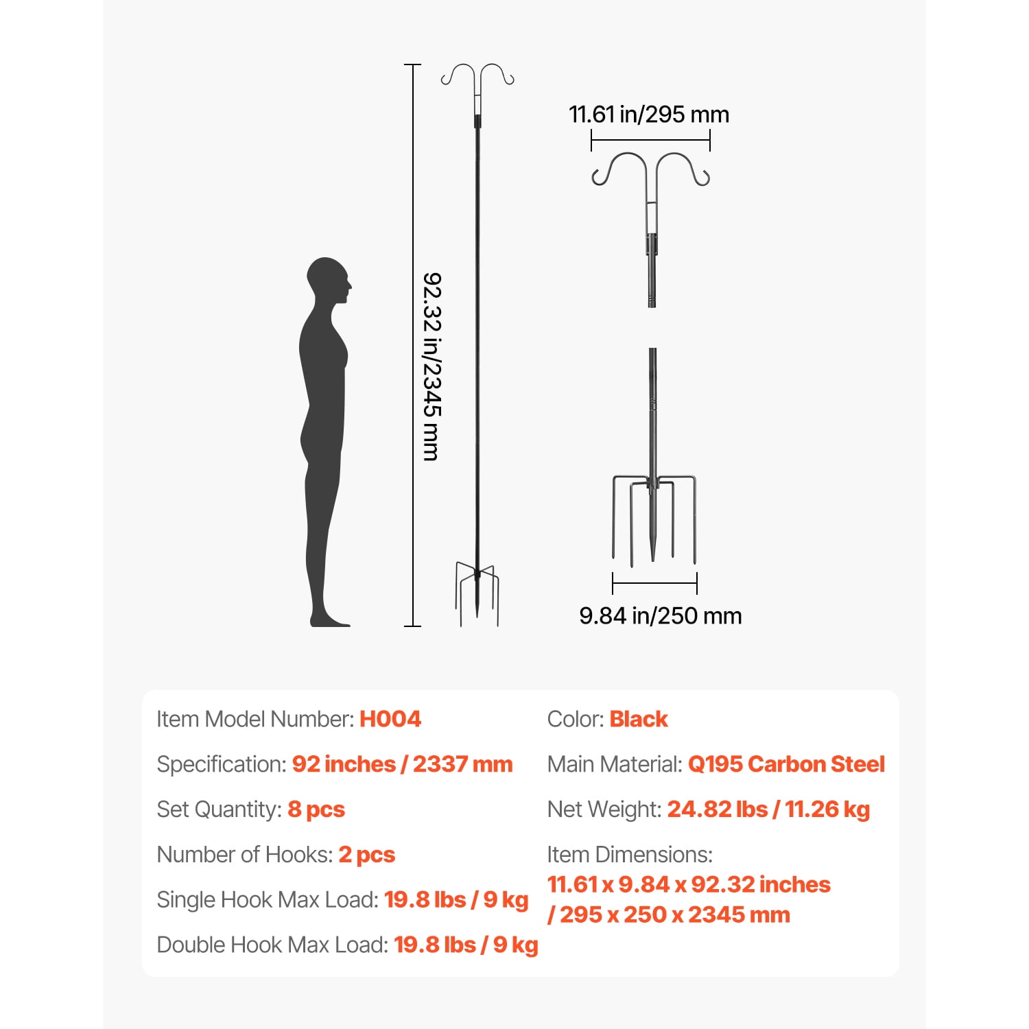 KFFKFF Double Shepherd Hooks for Outdoor Use, Set of 8, 92-Inch Heavy-Duty Poles, 3/4-Inch Thick Garden Hooks for Hanging Bird Feeders, Plant Baskets, Solar Lanterns, Wind Chimes