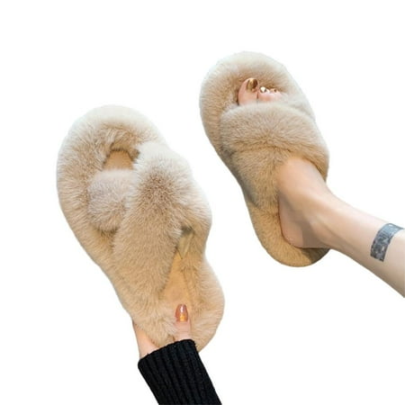 

Autumn and Winter Women Solid Color Furry Slippers Non-slip and Wear-resistant Flat Cross House Cotton Slippers