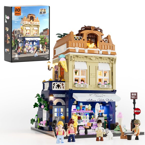 Juego de ladrillos de construcción FUNWHOLE Gelato Store con LED, 1948 piezas