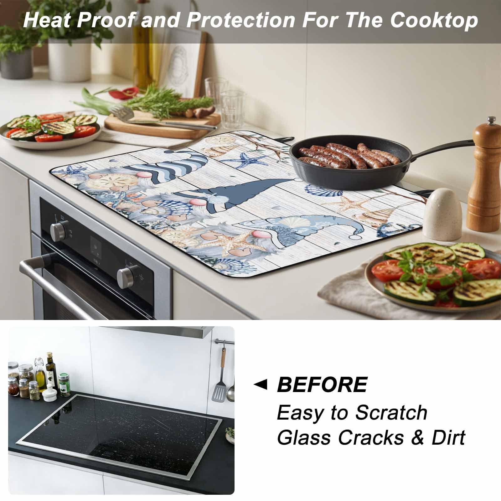 Coastal Eucalyptus Stove Top Cover for Electric Stove, Heat-proof & Non Slip Glass Top Stove Cover Protector, Ocean Blue Gnomes Starfish Leaf Wood Grain Kitchen Flat Cooktop Rubber Mat 24x21 Inches