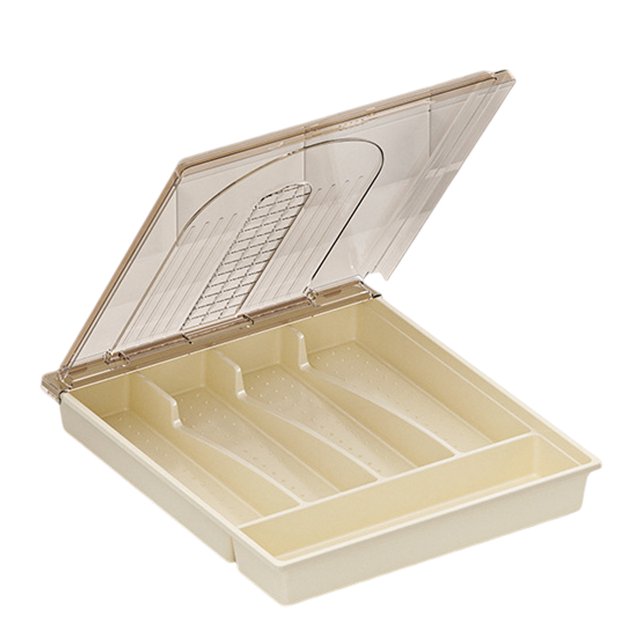 Soporte para utensilios de encimera con tapa, bandeja de plástico para cubiertos para cajón, organizador de cubiertos de 5 compartimentos