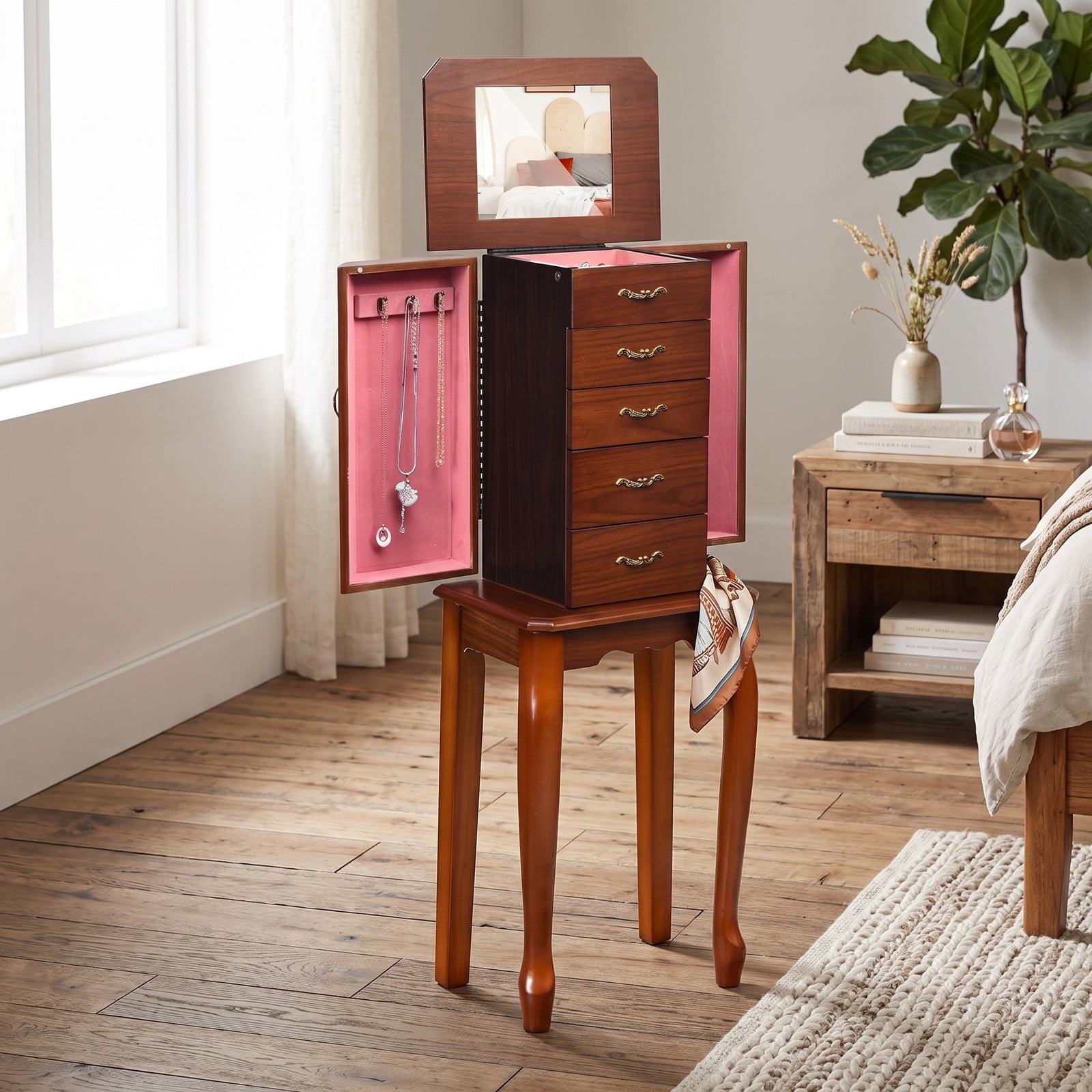 Furnibear Large Storage Capacity Freestanding Jewelry Cabinet with 5 Drawers, 2 Doors, and Top Lid Mirror for Bedroom, Walnut