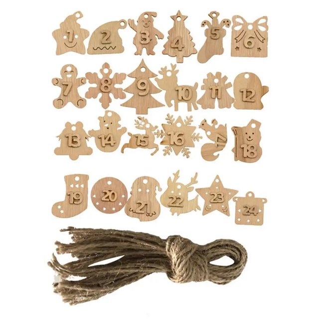 Calendario de Adviento de Navidad de Cuenta atrás con números, colgante de madera, bolsas de regalo de Navidad, etiqueta de número, etiquetas colgantes, Año Nuevo, 1-24