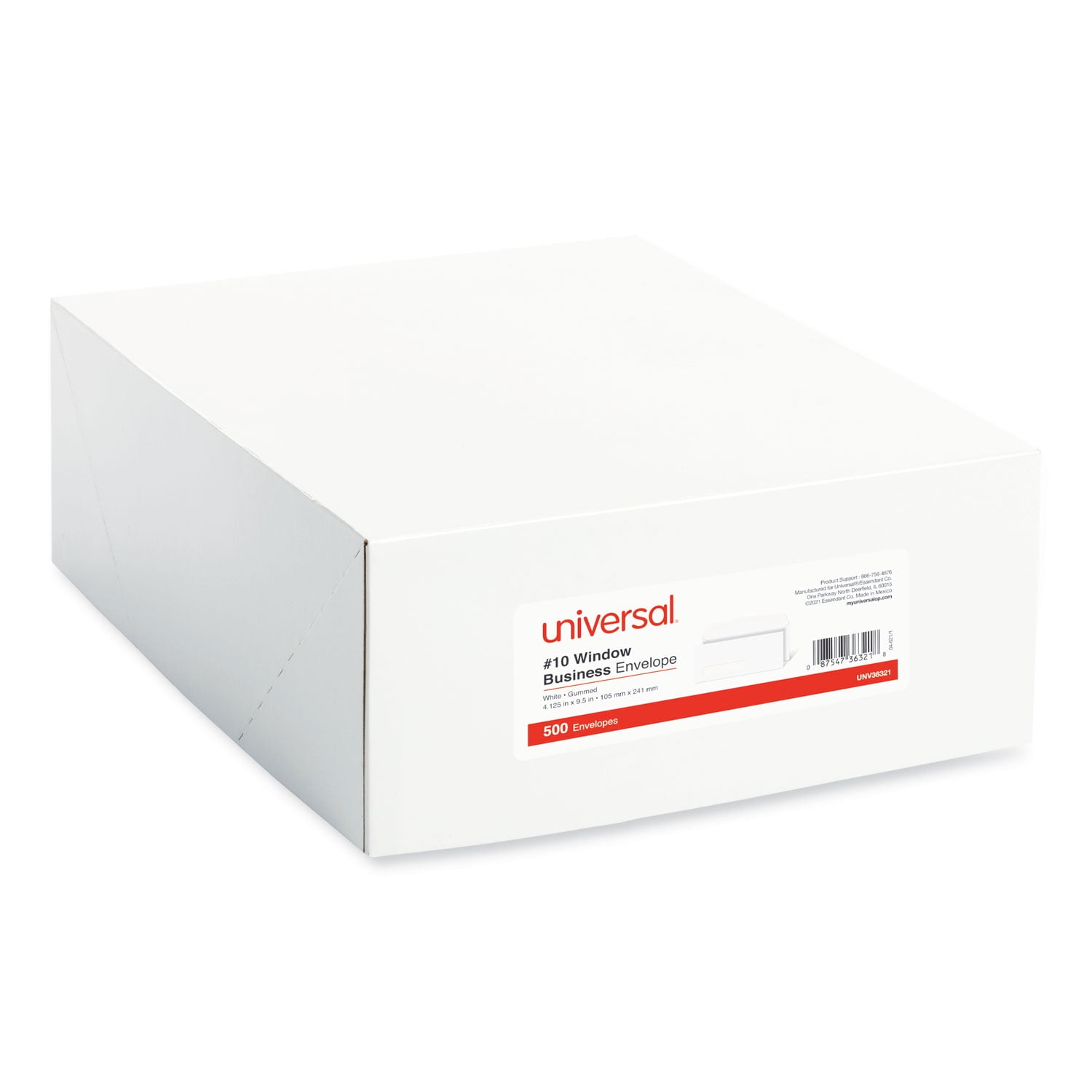 Universal Open-Side Business Envelope, 1 Window, #10, Gummed Closure, 4.13 x 9.5, White, 500/Box