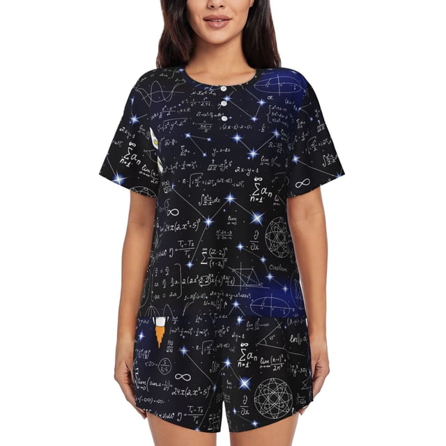 Balery Physical Formulas Conjunto de Pijama para Mujer con Estampado, Dos Piezas de Manga Corta y Shorts, Ropa de Dormir Suave con Cuello Redondo y Bolsillos-Small
