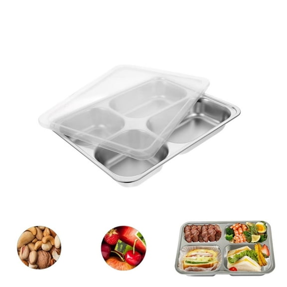 Stainless Steel Divided Plate,1pcs Portable 4 Compartment Plate,QZS Reusable Balanced Lunch Divided Plate for Home,Travel,Rectangular