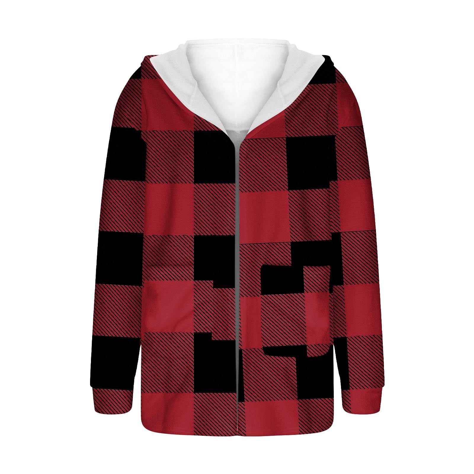 Sherpa Fleece Coat for Women Warm Shaggy Faux Shearling Hooded Cardigan Jacket with Pockets Christmas Winter Clothes (XL, Red-Plaid)