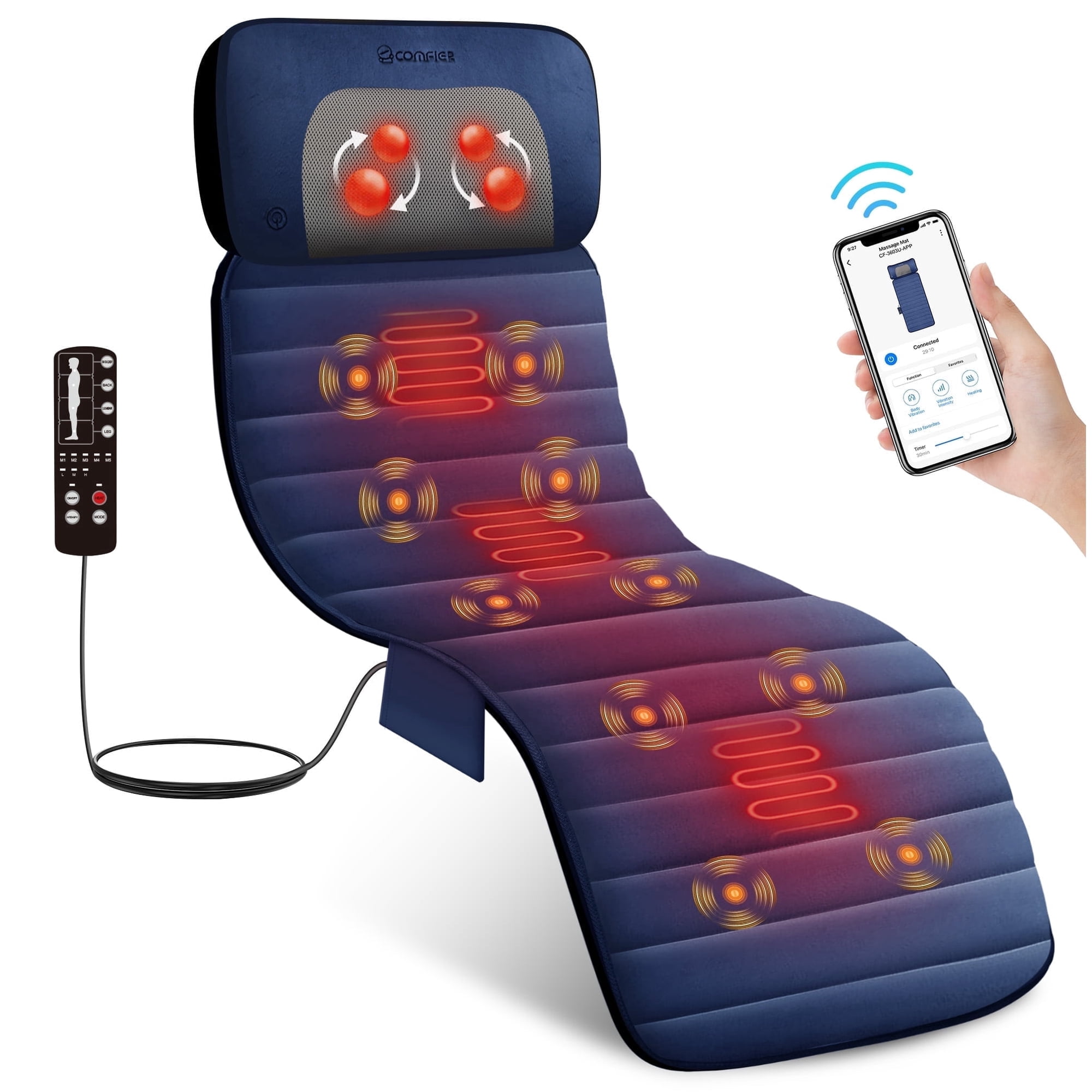 Vibrating Full Body Back Massager with Detachable Shiatsu Neck Massage Pillow, Massager Mat with APP for Men Women