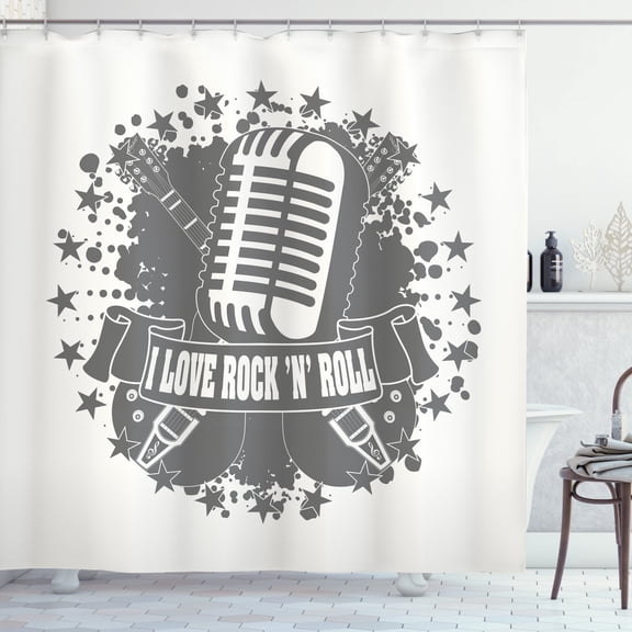 Ambesonne Rock Music Shower Curtain, Retro Microphone, 69"Wx84"L, Grey White