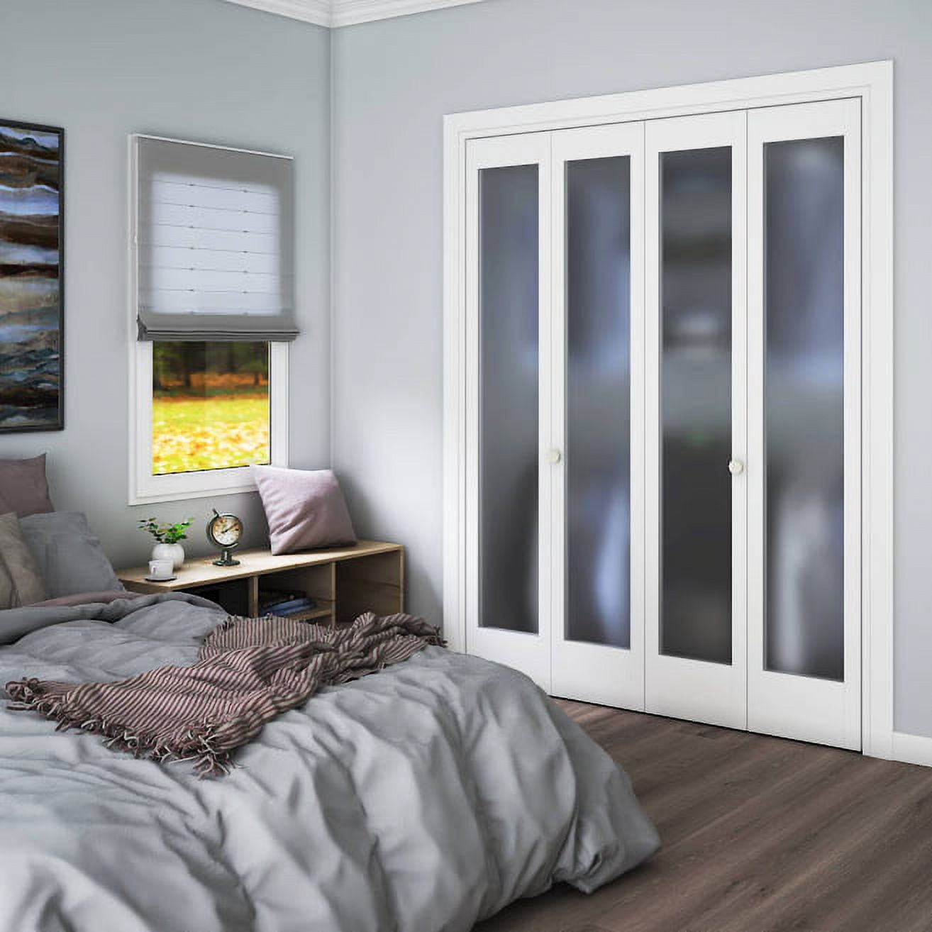 30 in. x 80 in. x 1-3/8 in. Frosted Glass 1-Lite Shaker Primed Solid Wood Core Bi-Fold Door with Hardware Included