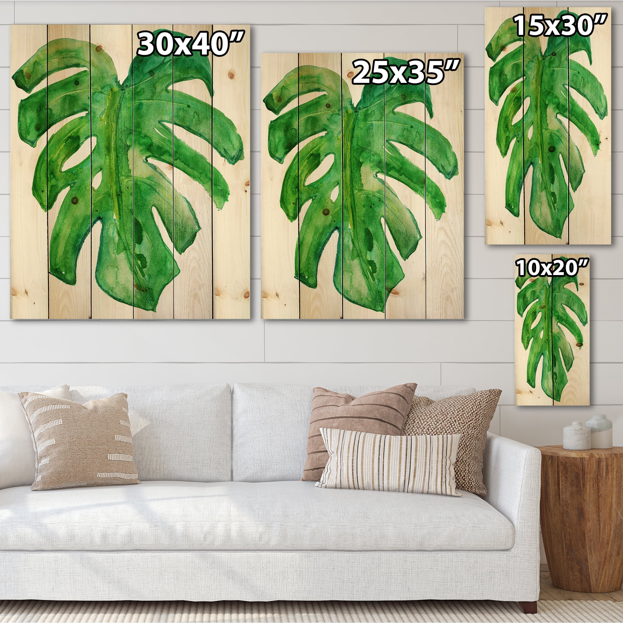 Designart 'Close Up Of Tropical Leaf Of Monstera I' Farmhouse Print on Natural Pine Wood