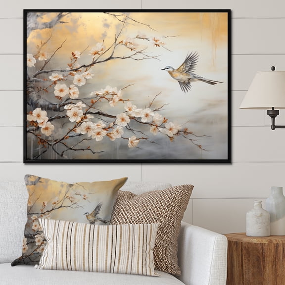 Designart "Tranquil Floral Tree with Grey and White Birds III" Animals Framed Wall Art - Modern Farmhouse White Bird Entryway Framed Wall Art Print