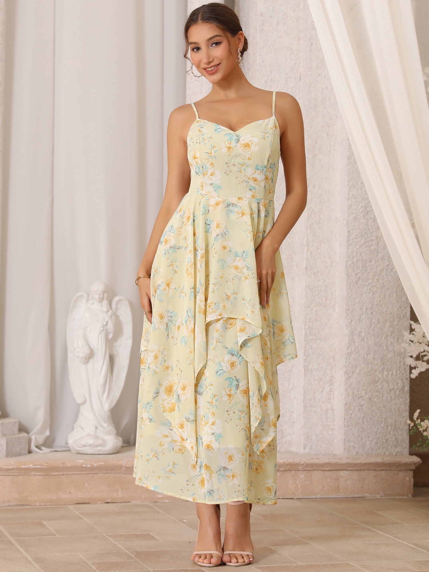 DARING DIVA Women's Easter Floral Chiffon Ruffles Tiered Spaghetti Strap L Light Yellow