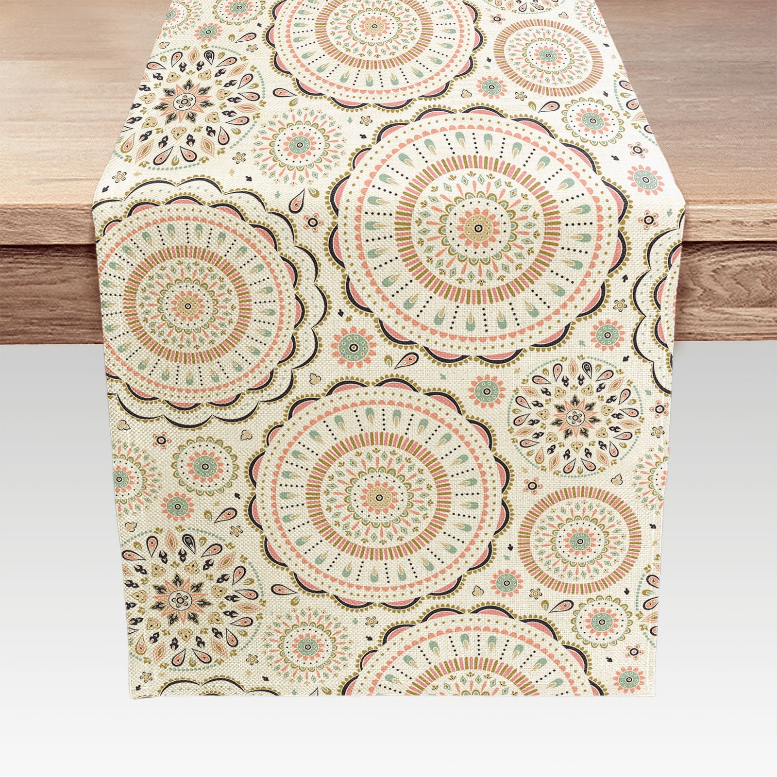 Boho Bohemian Table Runner 72 inches Long, Beige Vintage Farmhouse