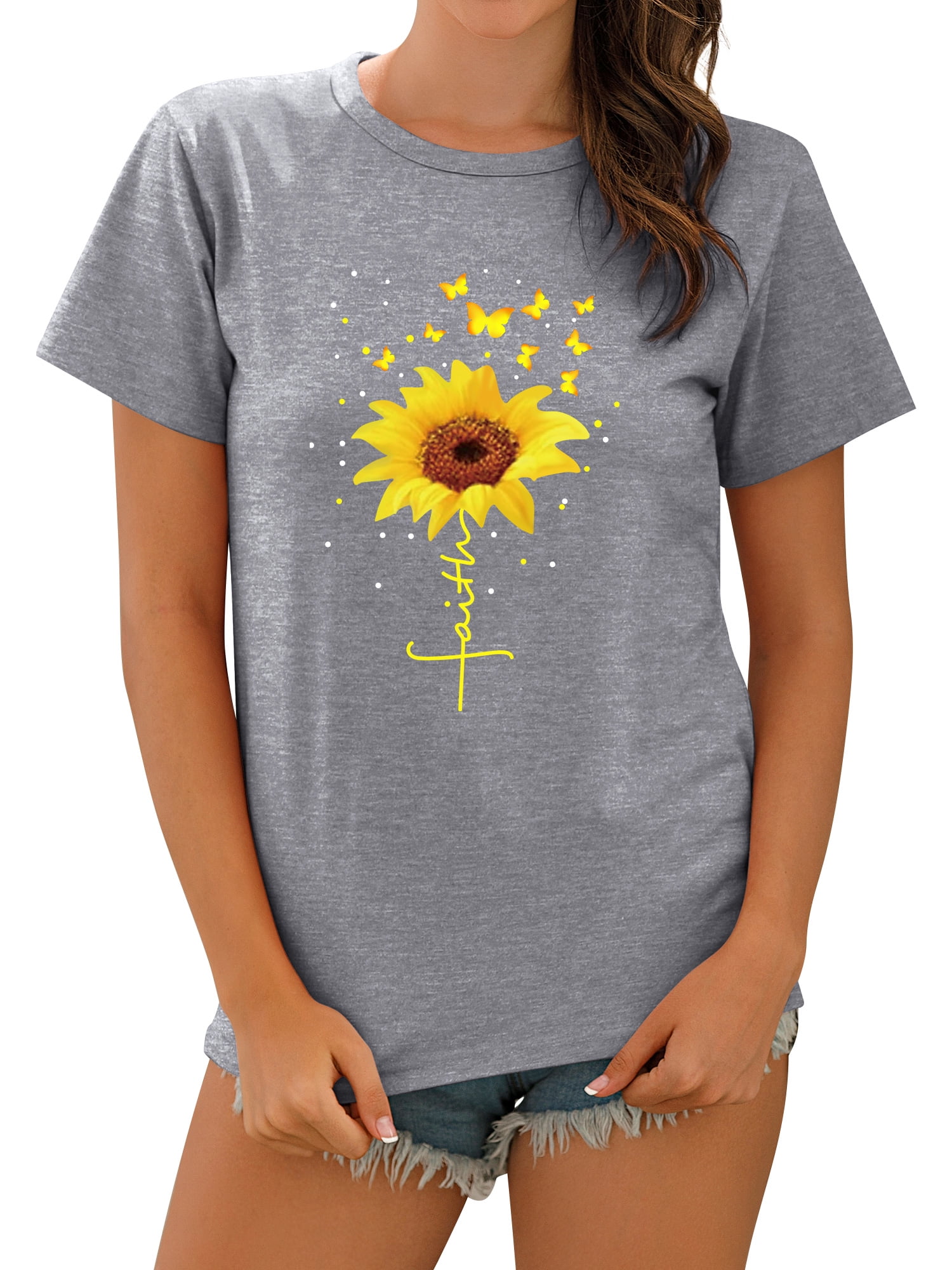 Womens Solid Color Short Sleeve Letter Sunflower Butterfly Graphic Casual Tops Tees Pullover T Shirt for Teen Girls