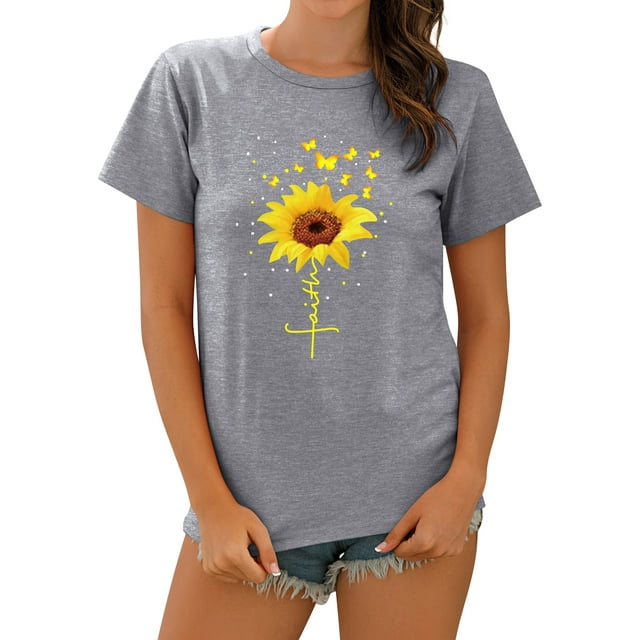 Haut Imprimé Tournesol Foi pour Femmes Manches Courtes Col Rond Tee Décontracté