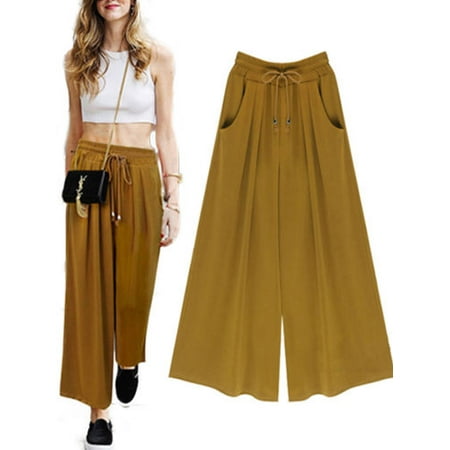 - Womens Wide Leg High Elastic Waist Casual Cropped Pants Loose Palazzo Trousers