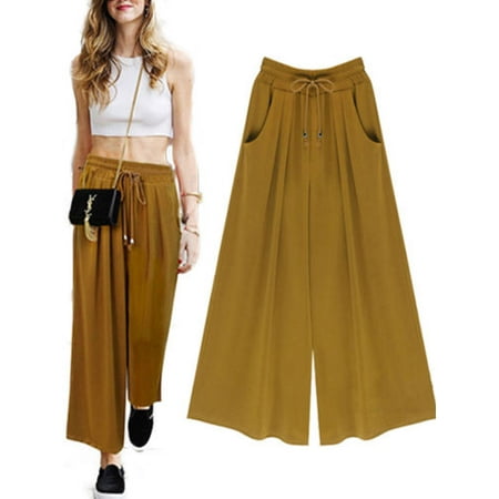 Womens Wide Leg High Elastic Waist Casual Cropped Pants Loose Palazzo