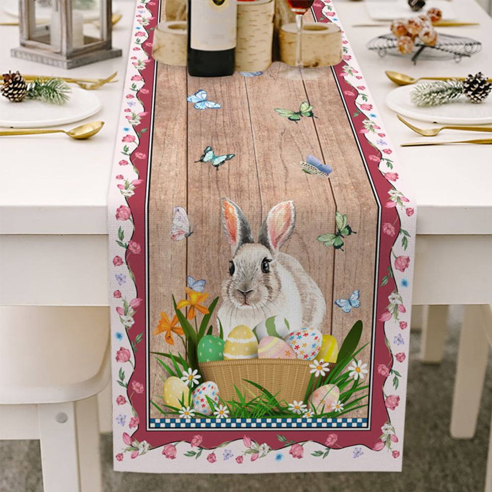 WOOR Double-Sided Cute Easter Bunny Rabbit Eggs Green Table Runner 13 x 70 Inches Long,Table Cloth Runner for Wedding Party Holiday Kitchen Dining Home Everyday Decor